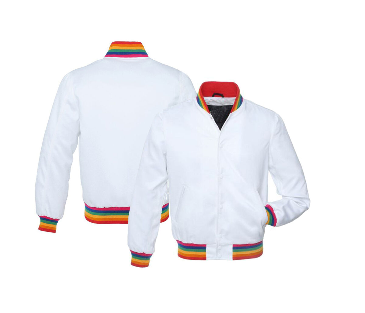 Custom made White / Rainbow satin varsity jackets 1