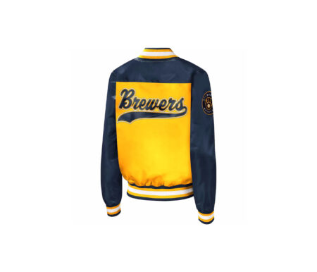 Custom Yellow Satin Jacket With Full Shoulder Blue Sleeves 6