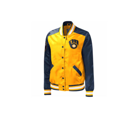 Custom Yellow Satin Jacket With Full Shoulder Blue Sleeves 4