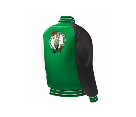Custom Green Satin Varsity Jacket With Half Sleeve White And Half Sleeve Black 6