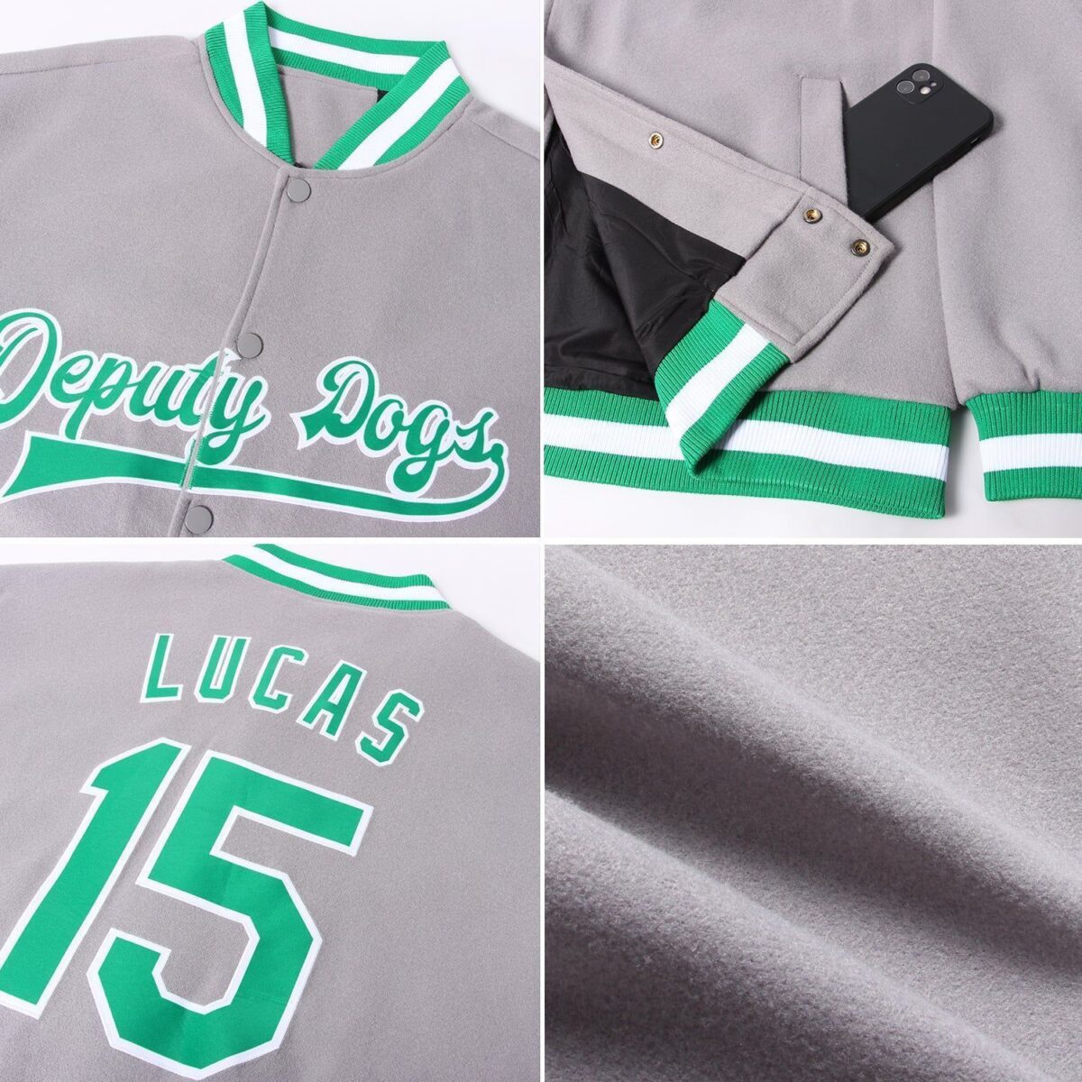 Baseball Student College Jackets with Grey & Green 2