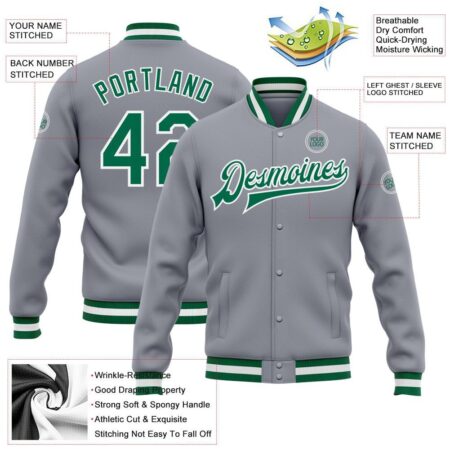 Baseball Student College Jackets with Grey & Green 7