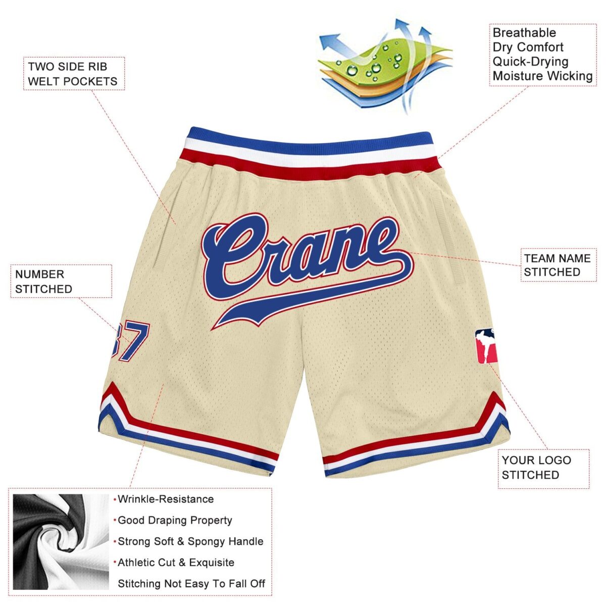Cream & Blue Red Color Basketball Shorts 2