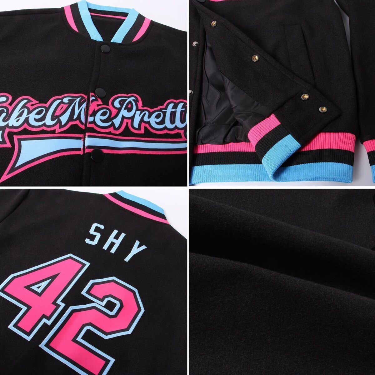 College Student Baseball Jackets with Black & Pink 4