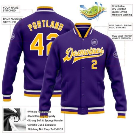 College Student Baseball Jackets with Purple & Yellow 3