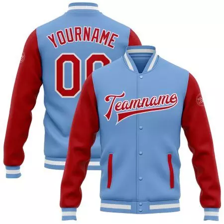 College Student Baseball Jackets with Sky & Red