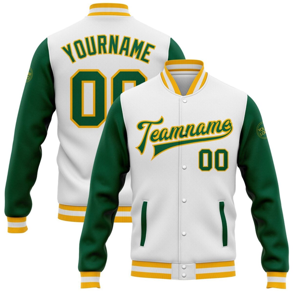 College Student Baseball Jackets with White & Green 1