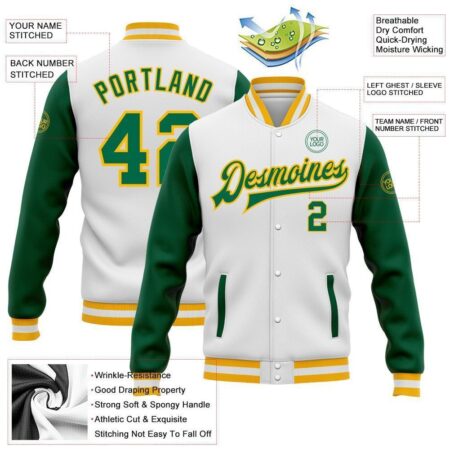 College Student Baseball Jackets with White & Green 4