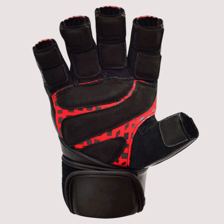 Leather Weight Lifting Heavy Duty Gym Gloves With Long Wrist Strap Colour Black/Red 10