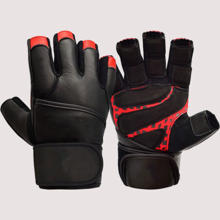 Leather Weight Lifting Heavy Duty Gym Gloves With Long Wrist Strap Colour Black/Red 12