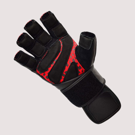 Leather Weight Lifting Heavy Duty Gym Gloves With Long Wrist Strap Colour Black/Red 16