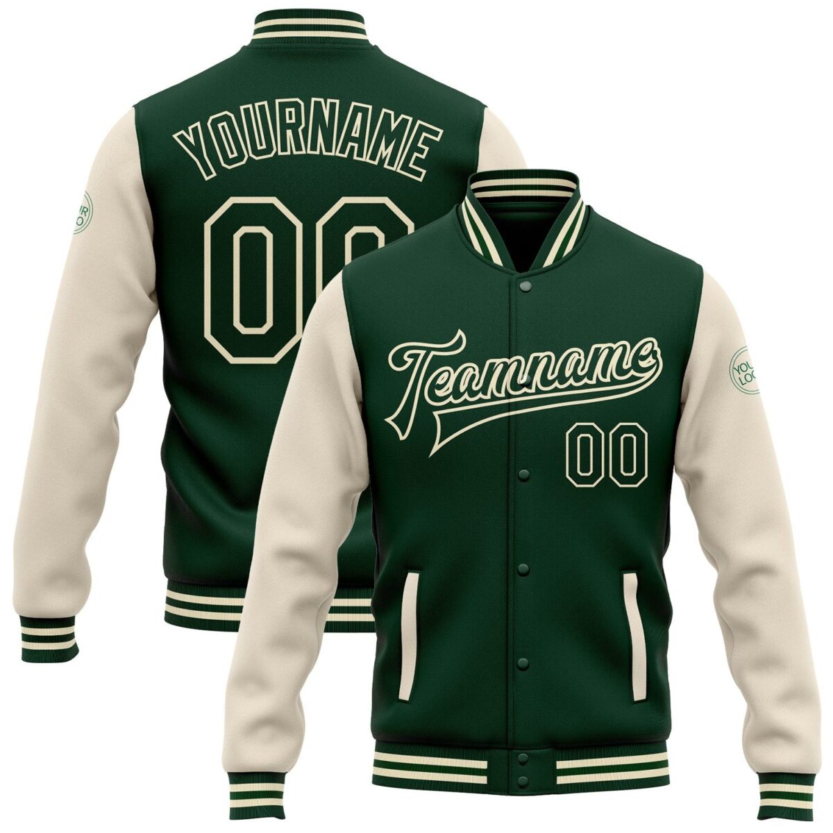 Student College Baseball Jackets with Green & Cream 1
