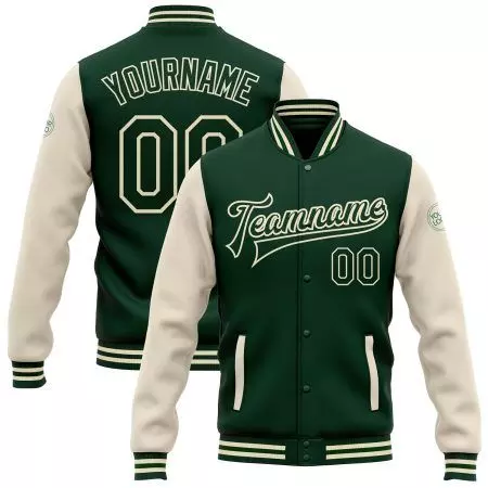 Student College Baseball Jackets with Green & Cream