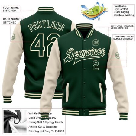 Student College Baseball Jackets with Green & Cream 4