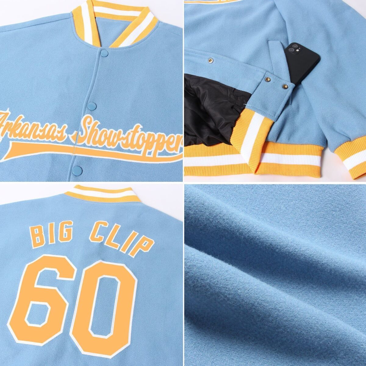 Student College Baseball Jackets with Sky & Yellow 3